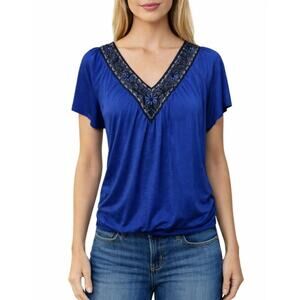 Vintage Wrapper Short Sleeve Blouse Women's Size M Blue Embellished V-neck Boho